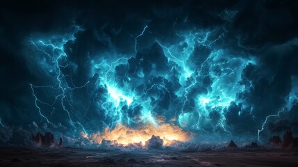 Fototapeta premium Dramatic storm scene with multiple lightning bolts hitting a desolate landscape, the sky charged with tension