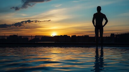 A man stands silhouetted at the edge of a pool, watching the sunset over a city skyline.