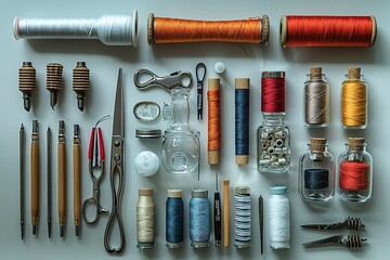 A collection of sewing supplies including scissors, needles
