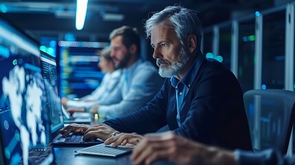 A focused team working on computers in a technology-driven environment.