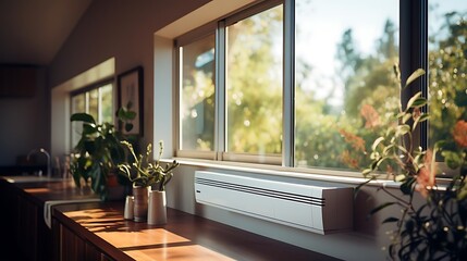 A bright interior with plants and an air conditioning unit by the window.
