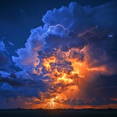 Fototapeta premium Dramatic thunderstorm scene, the sky alive with electrical energy, lightning bolts striking with force