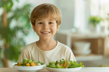 Cheerful Young Boy Enjoying Healthy Salad Meal Indoors