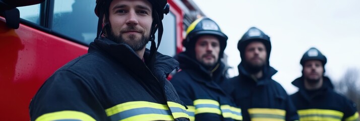 Obraz premium A team of brave firefighters stands next to a fire truck, ready to respond to emergencies, symbolizing courage, teamwork, and public service.