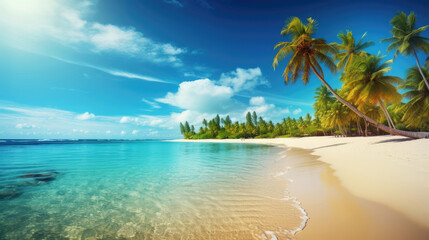 Obraz premium Holiday Travel Background with White Sandy Beach and Palm Trees