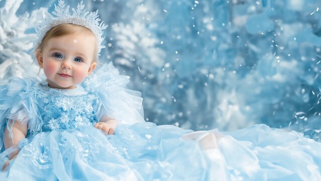 Kleinkind in pastellblauem Prinzessinnenkleid. Zauberhafte Lichtstimmung im Fotostudio. M&auml;rchenhafte Atmosph&auml;re