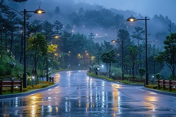 A rainy night with a street lit up by street lights