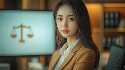 A professional lawyer woman in office, with a background of scales, justice symbol on the screen