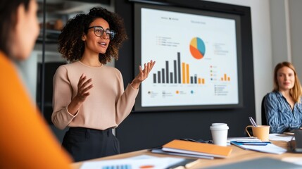 A professional woman in a modern office, delivering a dynamic graph presentation using a large digital screen