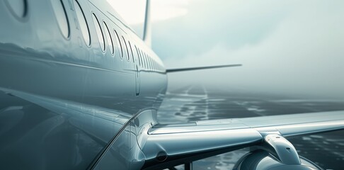 Close-up of a Modern Airplane Wing on a Runway
