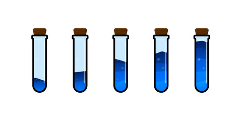 Set of glass bottles. Different color potion flat style on white background. Vector illustration. Design elements for game collection.