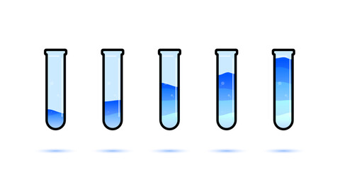 Set of glass bottles. Different color potion flat style on white background. Vector illustration. Design elements for game collection.