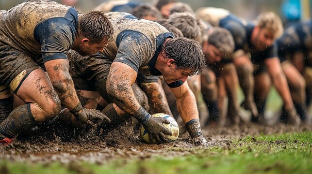 Rugby players compete in the mud during a match. - Powered by Adobe