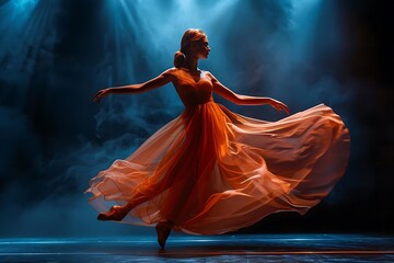 A dancer in an elegant orange dress performing on stage with dramatic lighting.