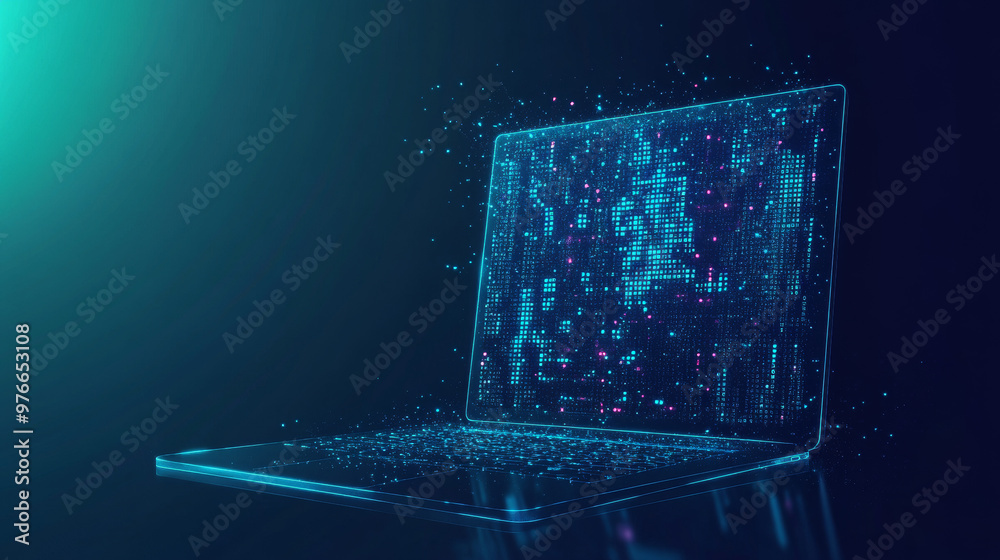 Poster abstract programming code icon displayed on a laptop screen, designed in a light blue low poly futur