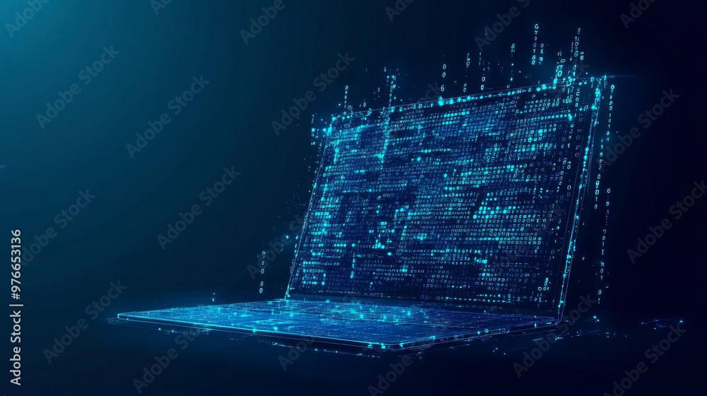Wall mural abstract programming code icon displayed on a laptop screen, designed in a light blue low poly futur