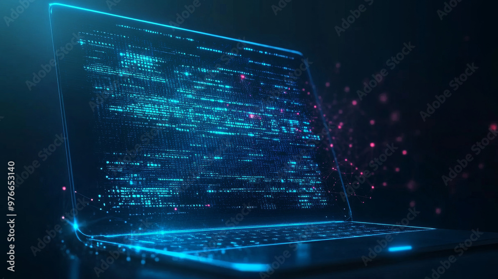 Poster abstract programming code icon displayed on a laptop screen, designed in a light blue low poly futur