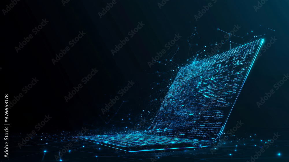 Wall mural abstract programming code icon displayed on a laptop screen, designed in a light blue low poly futur