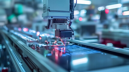 Automated robotic arm working on circuit board in high tech manufacturing facility, showcasing precision and advanced technology in electronics production