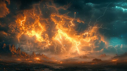 Environmental scene of a striking climate, with powerful lightning illuminating the sky, nature's energy on display