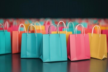 Black Friday shopping bags overflowing with products, price tags slashed, chaotic mall scene, excitement of massive discounts, retail therapy