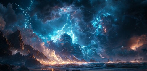Environmental storm scene at night, lightning bolts illuminating the sky, nature's energy creating a dramatic atmosphere