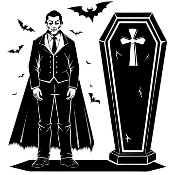 recommend clip art: Vampire in the Graveyard: A spooky and stylish illustration of a vampire in a classic pose, standing before a coffin adorned with a cross, surrounded by bats. This high-contrast silhouette captures th