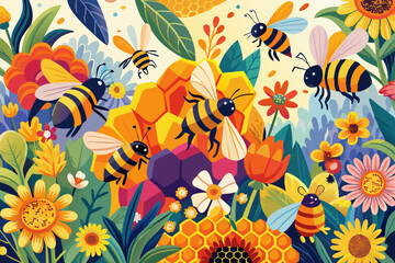 A lively swarm of bees is illustrated in a sea of vibrant flowers and honeycomb, celebrating the beauty and importance of pollination. World Bee Day. seamless pattern with flowers