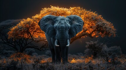 Silhouette of Majestic African Elephant Against Sunset Tree Landscape in Realistic Black Background with Double Exposure