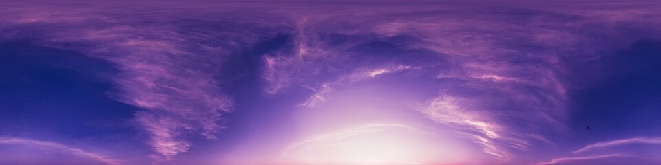 Sunset sky with bright glowing pink Cirrus clouds. Seamless spherical HDR 360 panorama. Full zenith or sky dome in 3D, sky replacement for aerial drone panoramas. Climate and weather change.