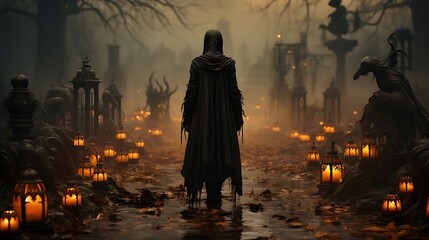A mysterious figure stands in a foggy graveyard, surrounded by lanterns.