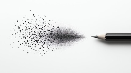 A black pencil draws a trail of small black dots across white paper.