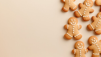 Fr&ouml;hliche Lebkuchenm&auml;nner Kekse auf hellem Hintergrund mit Platz f&uuml;r Text, perfekt f&uuml;r weihnachtliche Dekorationen, Backen oder festliche Designs