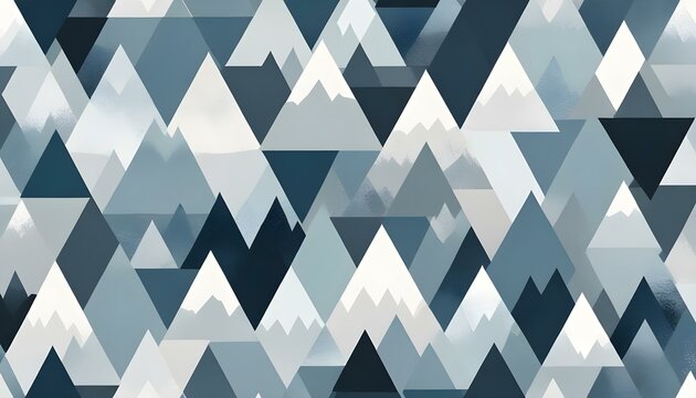 A modern pattern of overlapping triangular shapes resembling mountain peaks in varying shades of blue, gray, and white. This artwork blends geometry with natural motifs, creating a dynamic and minimal