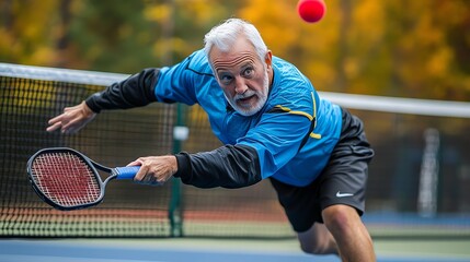 An older man in a blue shirt and black shorts is reaching for a red tennis ball on a tennis court.