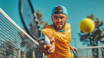 A man in a yellow shirt and a blue cap is playing tennis.