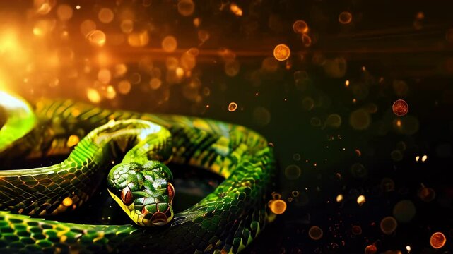 Captivating close-up of a vibrant green snake coiling amidst a sparkling background in nature