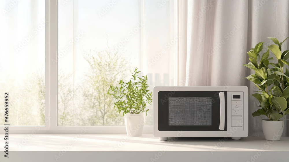 Wall mural a white microwave sits on a white kitchen counter with two potted plants and a window behind it. sun