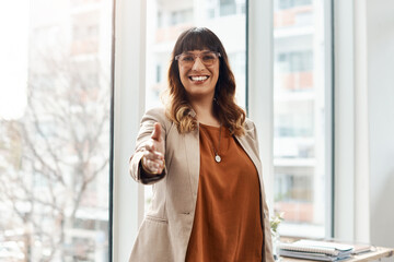Fototapeta premium Portrait, business and woman with handshake, recruitment and meeting for job interview. Closeup, person or employee in office, onboarding or b2b deal with welcome, smile or partnership with promotion