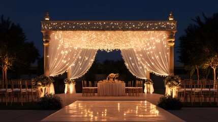 A wedding ceremony setup with a decorated mandap, chairs, flowers and lights in a garden at night.