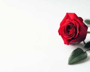 Fototapeta premium A vibrant red rose with lush green leaves on a clean, white background, symbolizing love and beauty with isolated on white background
