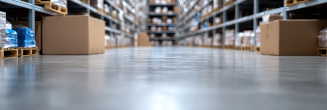 A spacious warehouse featuring meticulously organized shelves stocked with various boxes and goods, showcasing efficiency, logistics, storage, and modern inventory management.