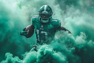 A football player in a green uniform surrounded by colorful smoke.