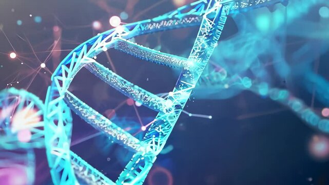 A stunning digital illustration features a glowing DNA double helix in vibrant blue and purple hues, set against an abstract background with illuminated particles, capturing the essence of biotechnolo