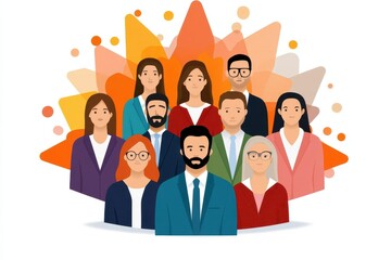 A diverse group of professionals gathered together, showcasing teamwork and collaboration in a vibrant, colorful graphic design.