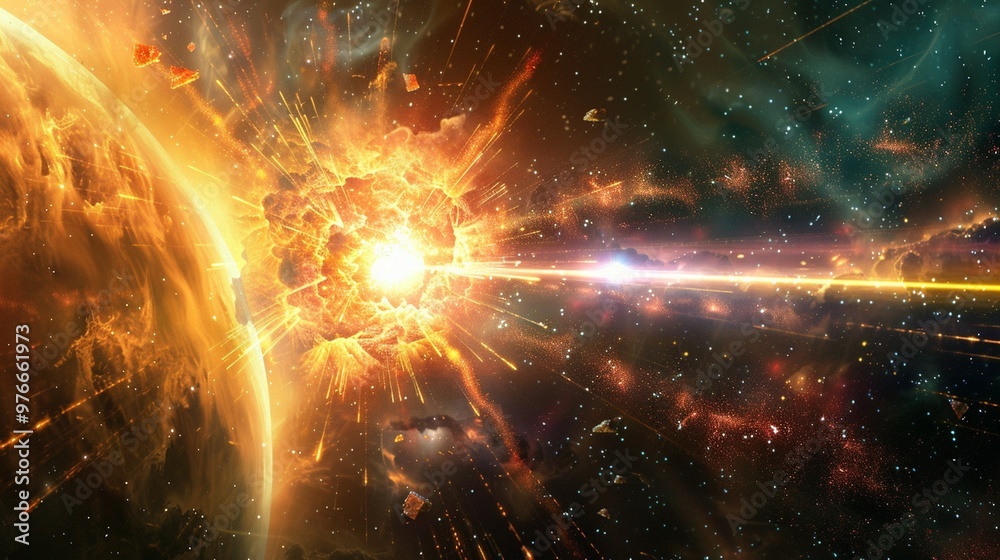 Sticker a fiery explosion erupts in space, illuminating the surrounding nebula with an intense orange glow.
