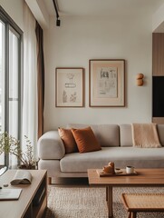 A modern living room with a beige sofa, a wooden coffee table, and two framed prints on the wall.