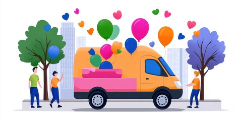 A festive delivery van surrounded by balloons and people celebrating in a cityscape, perfect for event or party themes.