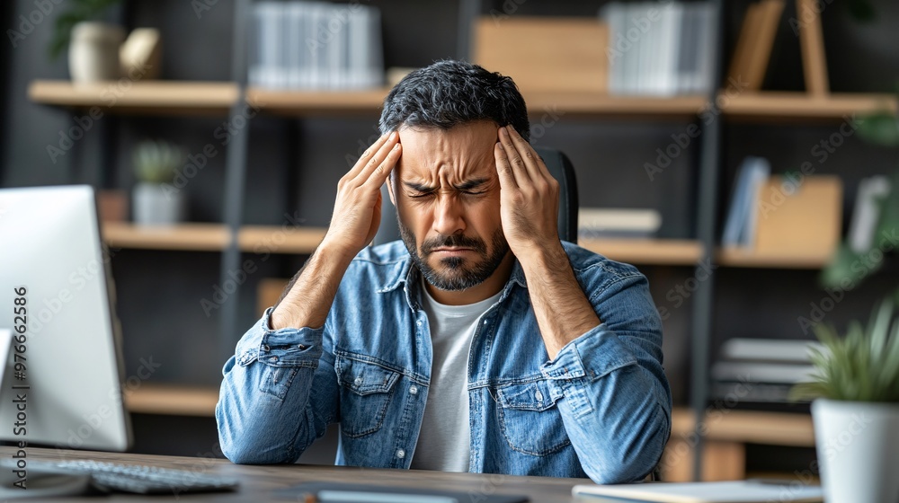 Poster a middle-aged man rubbing his temples, suffering from a headache caused by long hours in front of a 