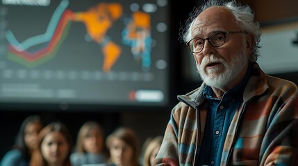 A speaker presents data trends to an engaged audience in a seminar.